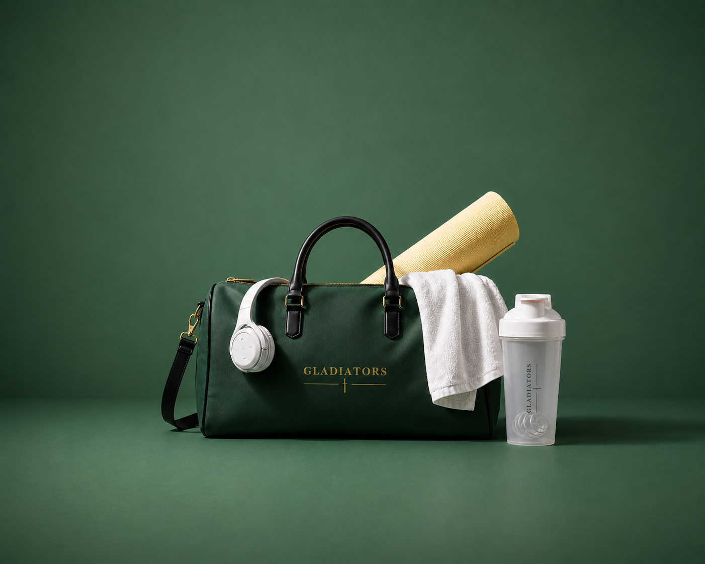 Green duffel bag with gym items on a green background

